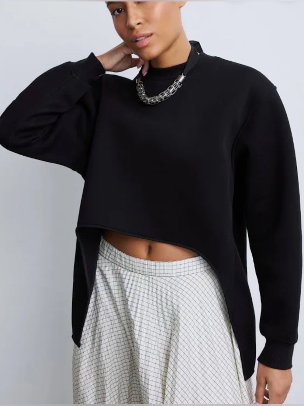 Plan C Cropped Asymmetric Hem Sweatshirt in Black Sweatshirt Size Medium
